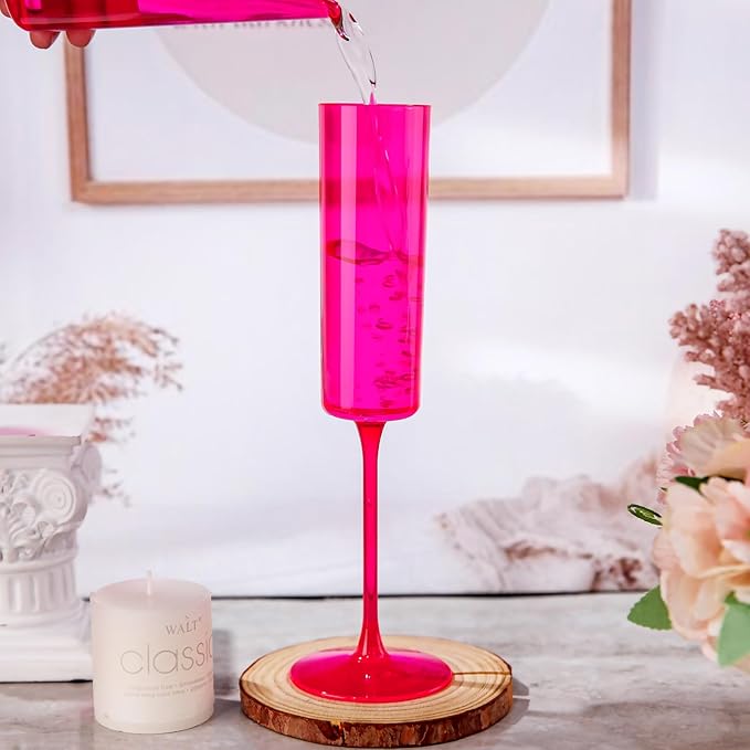 Ciaell 24 Pack Plastic Champagne Flutes - Hot Pink 6 Oz Disposable Champagne Glasses - Square Plastic Toasting Glasses for Party Birthday Anniversary Wedding