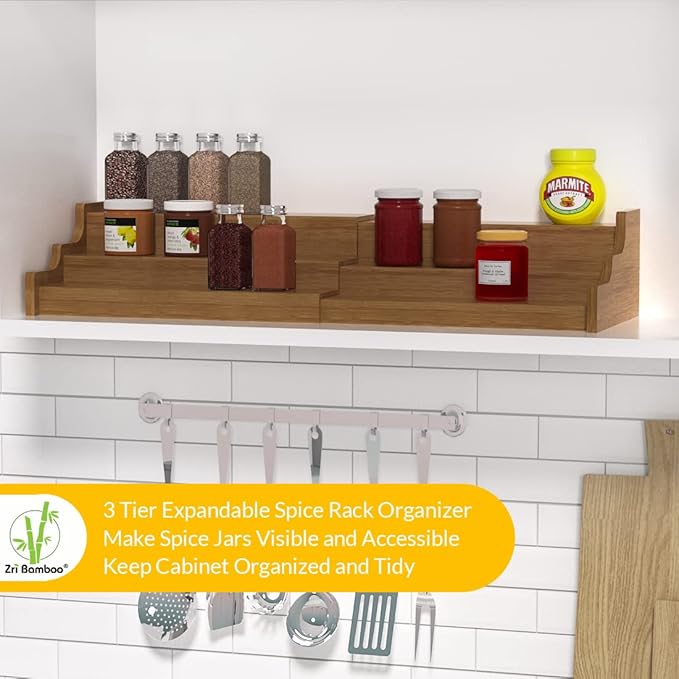 Bamboo Spice Rack Cabinet Organizer - 3 Tier Wooden Expandable Walnut Display Shelf