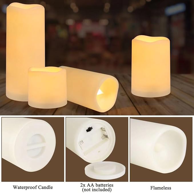 Flameless Battery Operated Outdoor Waterproof Set of 12(D: 3" x H: 3" 4" 5" 6") Pillar LED Candles with 10-Key Remote and Cycling 24 Hours Timer