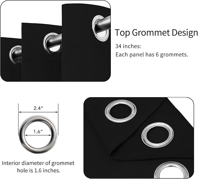 Easy-Going Blackout Curtains for Bedroom, Solid Thermal Insulated Grommet and Noise Reduction Window Drapes, Room Darkening Curtains for Living Room, 2 Panels (34x84 in, Black)