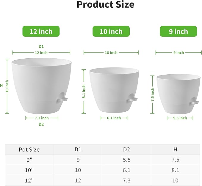 FaithLand 3-Pack Large Planter Pots, 12 10 9 Inch Self Watering Flower Pots for Indoor Outdoor Garden Plants, White