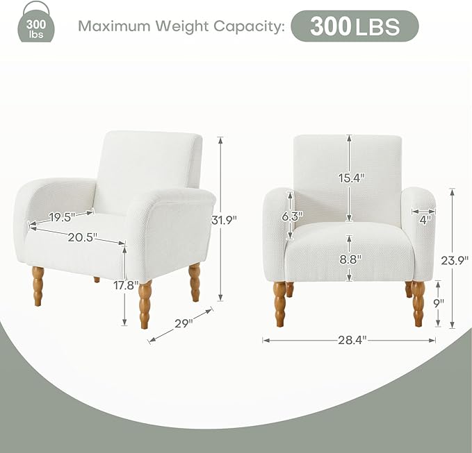 Chenille Fabric Accent Chairs Set of 2, Upholstered Armchair with Solid Wood Legs, Modern Living Room Accent Chair, Comfy Single Sofa Reading Club Chair for Bedroom Reception Lounge, White