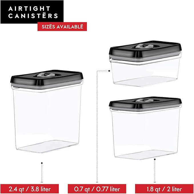 DWËLLZA KITCHEN Large Airtight Food Storage Containers - Clear Plastic Bulk Food Pantry & Kitchen Storage Containers for Flour, Sugar and Baking Supplies 4 Pcs. BPA-Free, Keeps Fresh & Dry (Black)