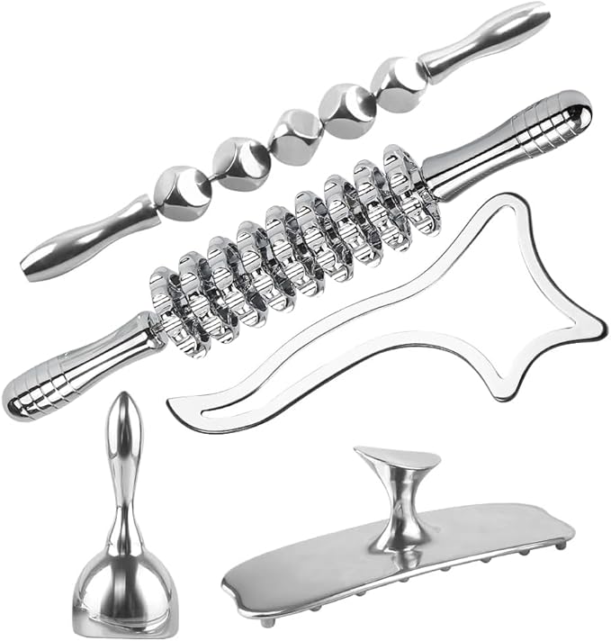 ONUEMP 5-in-1 Stainless Steel Therapy Massage Tools, Gua Sha Scraping Fascia Massage, Maderoterapia Kit Colombiana for Lymphatic Drainage, Cellulite Remover, Ice Body Sculpting