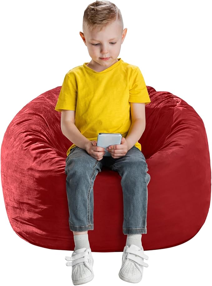 Bean Bag Chairs for Kids - Memory Foam Furniture BeanBag Chair - Kids/Teens Sofa with Soft Micro Fiber Cover - Round Fluffy Couch for Living Room Bedroom College Dorm - 2.5 ft, Red
