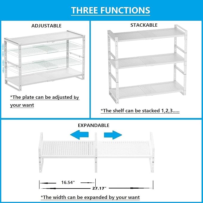 Expandable,Adjustable & Stackable Spice Rack, Cabinet Kitchen Countertop Shelf Organizer,Metal Pantry Storage Shelves - Space-Saving Storage Solution(1Pack/White/Large)