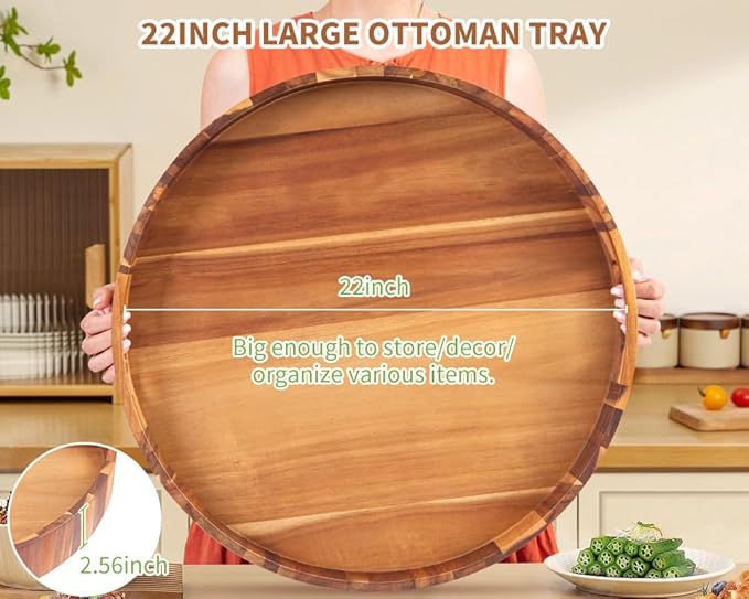 Extra Large Round Ottoman Coffee Table Tray, 22" Big Kitchen Serving Trays for Huge Ottoman Counter Giant Decorative Organizer, Huge Wood Serveware Tray with Built-in Handle for Big Job