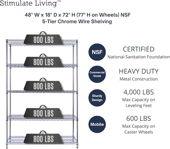 48"x18"x72" PRIME HEAVY DUTY Chrome 5-Tier Wire Shelving NSF 4000 LBS MAX Capacity Storage Rack for Commercial, School, Home, Garage, Warehouse, Industrial, and Hospital Uses (with Wheels)