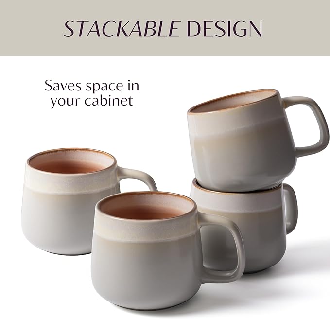 Ceramic Coffee Mugs Set of 4, 12 oz Stoneware Coffee Cups with Comfortable Handle for Latte, Tea, Cappuccino, Cocoa -Microwave and Dishwasher Safe - Modern Unique Aesthetic - Reactive Glaze