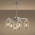 6-Light Brushed Nickel Chandeliers for Dining Room Light Fixtures Over Table, Adjustable Height Hanging Industrial Pendant Lighting for Kitchen Island Bedroom, Clear Glass Shade