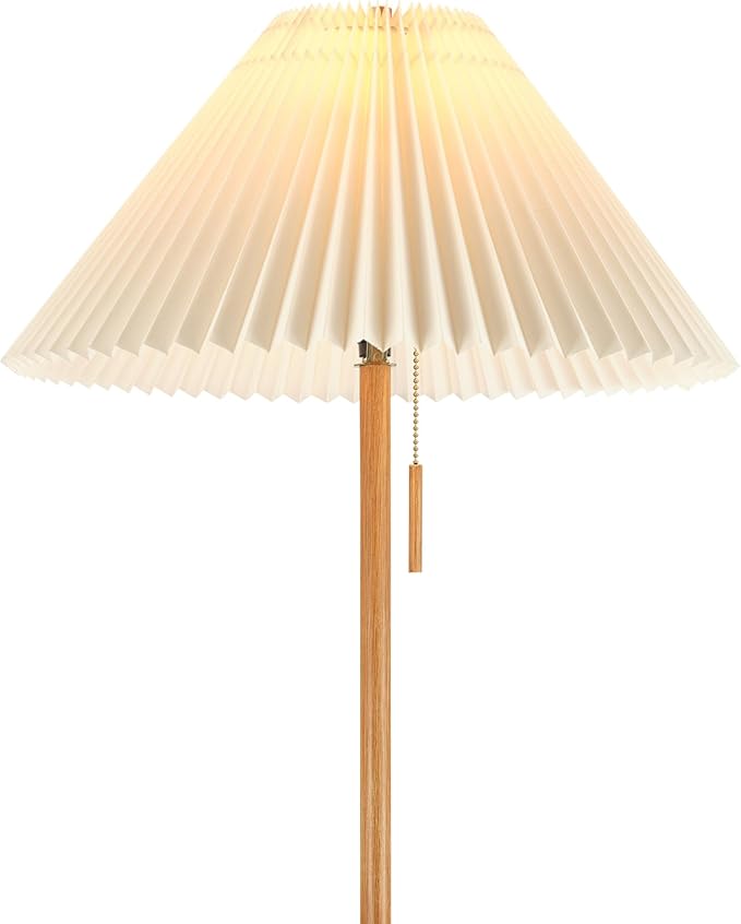GLOBE Electric 61000053 62" Floor Lamp, Wood-Toned Finish, Pleated Fabric Shade, Pull Chain Switch, Reading Light, E26 Base, Modern Classic Lighting for Living Rooms and Bedrooms