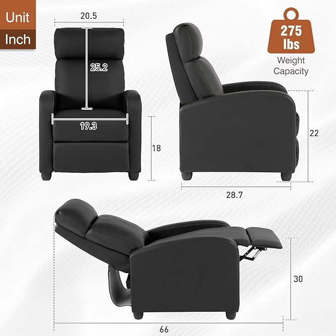 BestMassage | Recliner Chair | No Massage Function | Leather Black | with Lumbar Support, Adjustable Push Back, Wide Armrests, Footrest & Padded Seat | Easy Assembly | for Living Room, Home Theatre