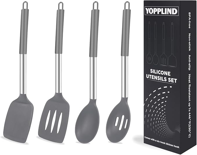 5-Piece Silicone Kitchen Tool Set, BPA-Free, Heat-Resistant, Non-Stick & Dishwasher-Safe, with Slotted/Solid Spoons & Spatulas for Frying, Mixing, Draining – Includes Multi-Purpose Serving Hook(Gray)