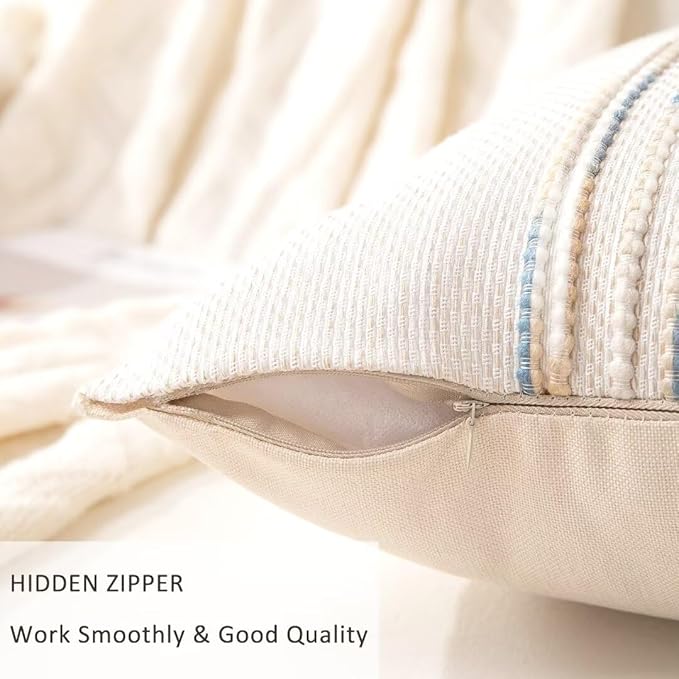 Boho Throw Pillow Covers 18x18 Set of 2 Farmhouse Decorative Cushion Case Striped Square Pillows Cover Chenille Pillow Cases Accent Neutral Pillowcase for Sofa Couch Bed,Yellow-Blue