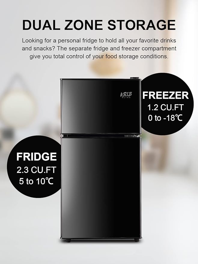 3.5 Cu.Ft Refrigerator 2 Door 7 Level Adjustable Thermostat Control Top-Freezer Refrigerator Lock Fresh Energy Saving Black (KB03-FLS-80-BLACK)