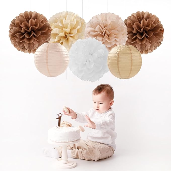 Boho Rustic Wedding Party-Decorations Paper Flowers Lanterns - 15PCS Fall Baby Shower Gender Neutral Streamers,Brown Champagne White Tissue Pom Poms,Autumn Birthday Bridal Decor Hugfond