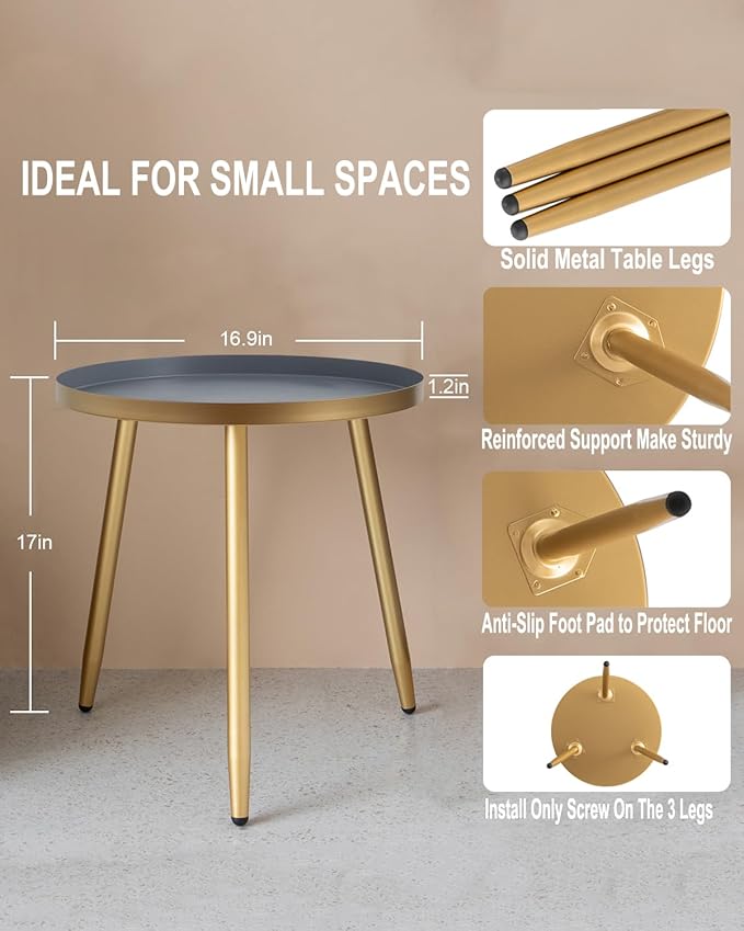 AOJEZOR Side Table: End Table for Indoor Use - Round Side Tables for Small Spaces - Grey Top 3 Legged Gold
