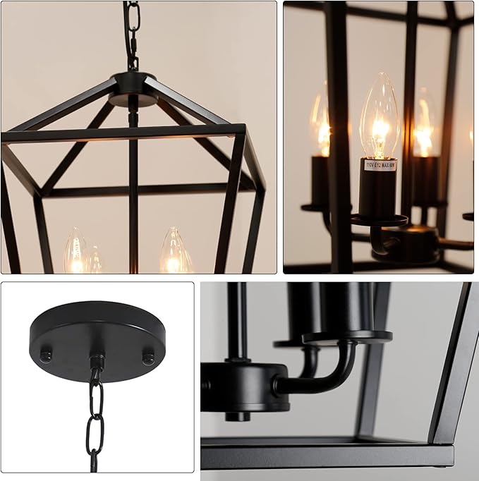 4-Light Lantern Pendant Light,Modern Industrial Black Cage Farmhouse Chandelier for Kitchen Island,12'' Rustic Metal Hanging Lighting Fixture for Dining Room Bedroom Foyer Entry Porch
