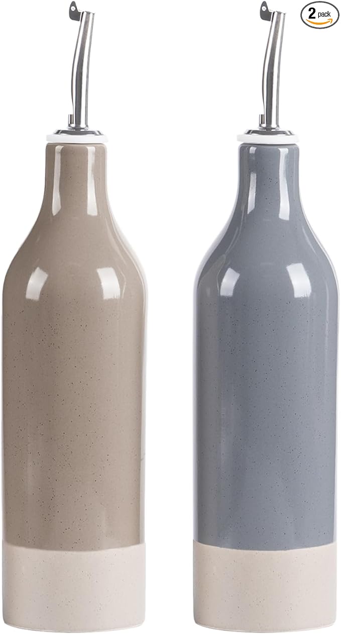 famiware Milkyway 16oz Ceramic Olive Oil Dispenser Bottle, Olive Oil and Vinegar Dispenser Bottle Set of 2 with Stainless Steel Pourers, Suitable for Storage Liquids, Dark Gray and Cinnamon Brown