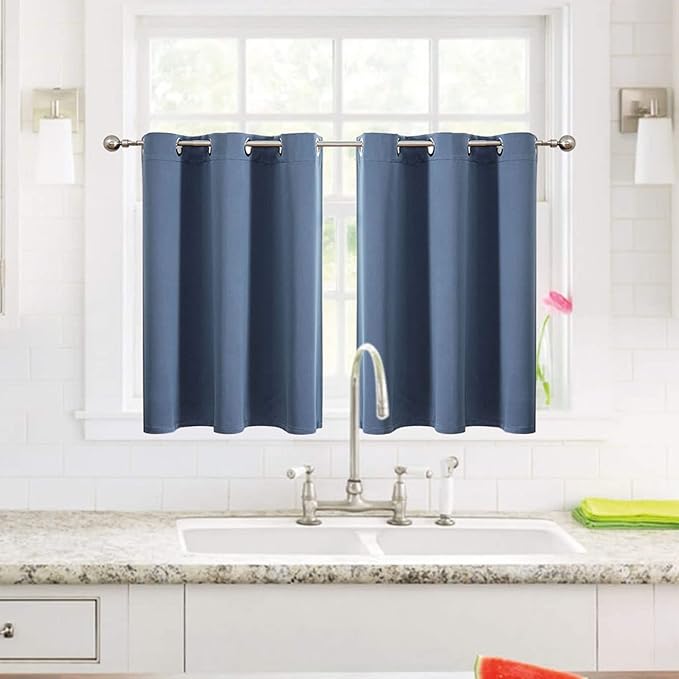 ChrisDowa Small Window Curtains for Kitchen and Bedroom - Grommet Short Thermal Insulated Room Darkening Curtains (2 Panels, Stone Blue, 52 x 36 Inch)