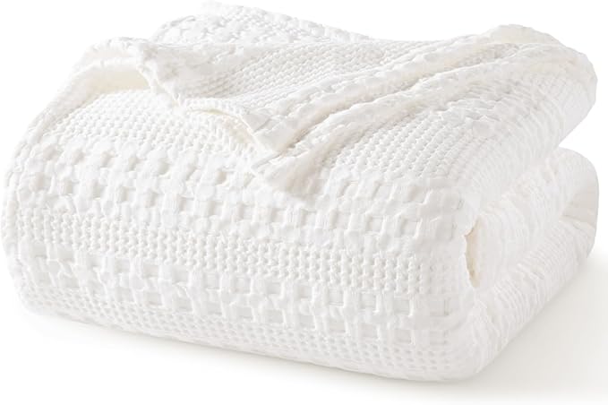 PHF 100% Cotton Waffle Weave Blanket Queen Size, Soft Lightweight Breathable Cozy Summer Blankets for Bed, Luxury Aesthetic Woven Bedding for Home Decor, 90"x90", White