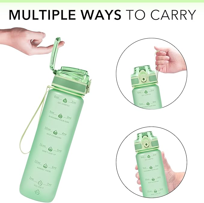 32oz Motivational Water Bottles with Time Marker & Fruit Strainer, Transparent Gradient Color Water Bottle with Times to Drink, Leakproof & BPA Free, Reusable Bottle with Strap (No Straw)