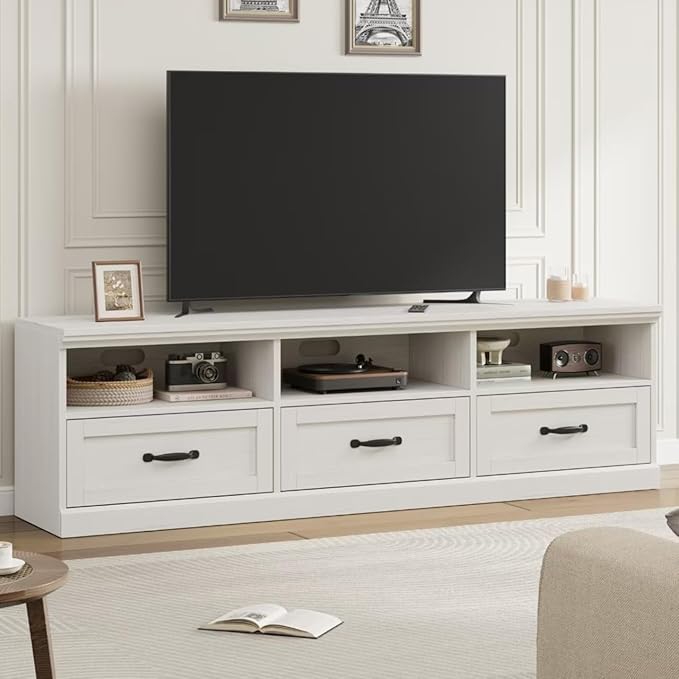 IDEALHOUSE 70in TV Stand for TVs up to 80", Mid Century Modern Entertainment Center with Storage Drawer and Open Shelves, TV Console Media Cabinet for Living Room, Bedroom, Antique White