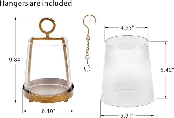 6" Wide Modern Farmhouse Metal Hurricane Candle Holder with Handmade Sturdy Glass Sleeve in Antique Brass for Pillar Candle & Plants, Hurricane Lantern, Industrial, Minimalistic (1, Brass, 6"x10")