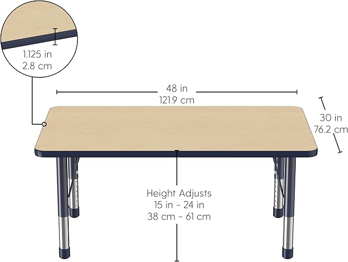 FDP Rectangle Activity School and Classroom Kids Table (30 x 48 inch), Chunky Toddler Legs, Adjustable Height 15-24 inches - Maple Top and Maple Edge