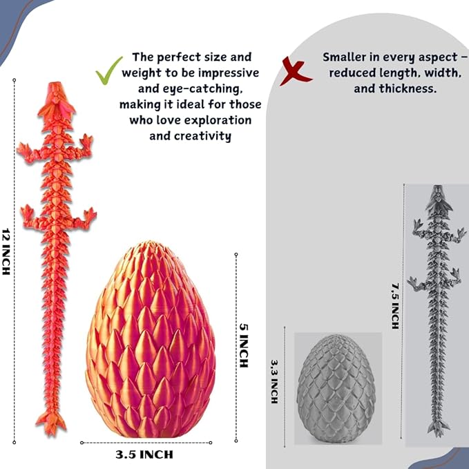 3D Printed 12” Articulated Crystal Dragon Inside 5.1” Egg - Unique Collectible, Fidget Toy, Fantasy Home & Office Desk Decor (Laser Red)