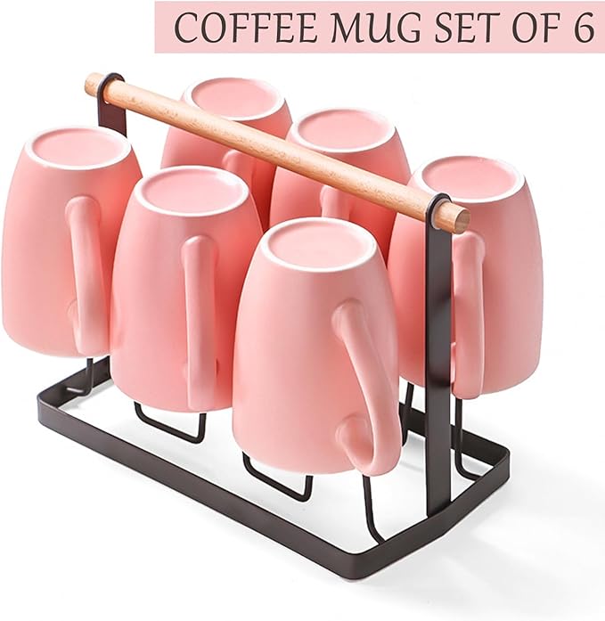 Coffee Mugs Set of 6, 12oz Ceramic Coffee Mugs with Handle, Matte Porcelain Pink Coffee Mug for Latte, Tea, Cocoa, Cappuccino, Cups for Women Men for Home Restaurant Mug (Pink)