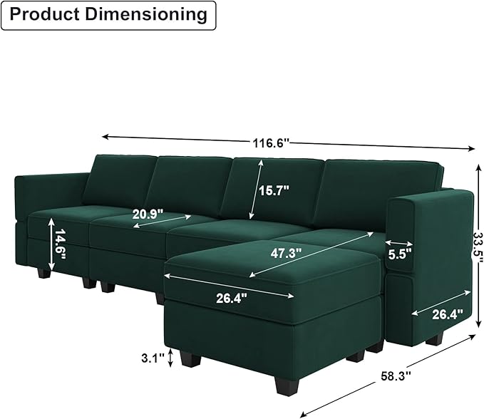 Belffin Modular Sectional Sofa Couch with Reversible Chaise - Velvet L Shaped Couch with Storage, 4-seat Convertible Green.…