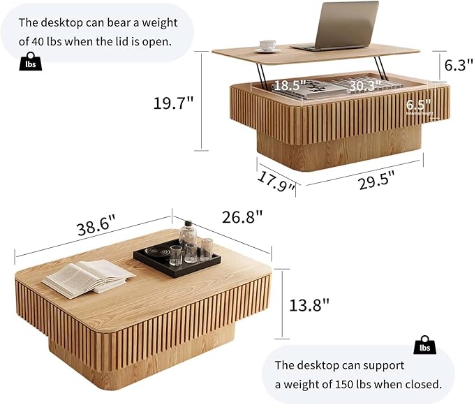 Lift Top Coffee Table with Storage, Solid Wood Coffee Table with Adjustable Height, Fluted Center Table Accent Tea Table for Living Room, Apartment, Office (38.6" Natuall)