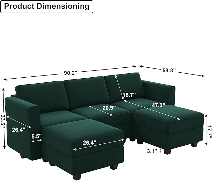 Belffin Modular Sectional Sofa with Double Chaise Velvet U Shaped Sofa Reversible Sectional Couch with Storage Green