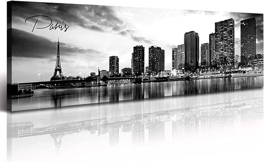 DJSYLIFE Paris Eiffel Tower Skyline Wall Art Black and White Modern City Night View Panoramic Cityscape Picture Paintings Canvas Prints Office Room Home Decoration Artwork Framed 13.8"X47.3"