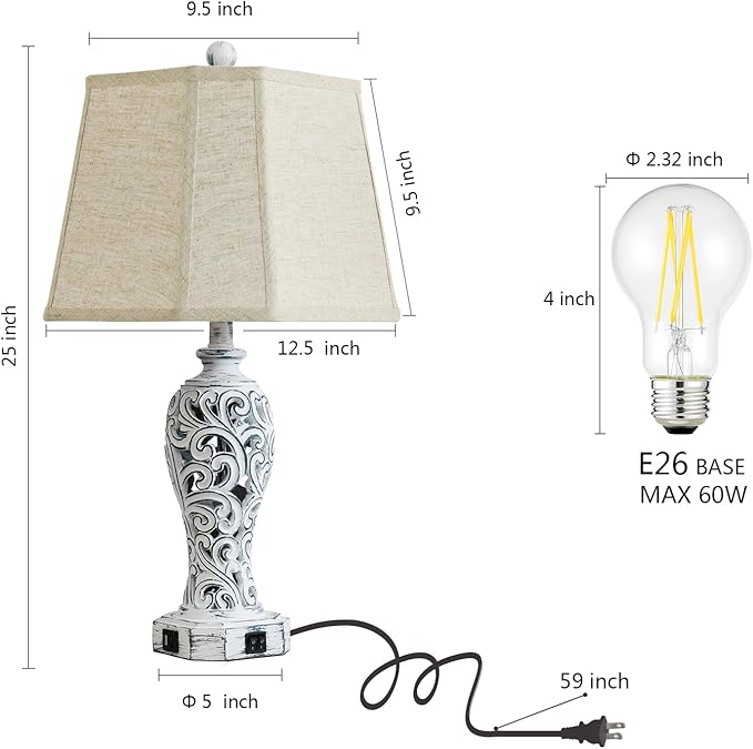 25'' Farmhouse Table Lamps Set of 2 for Living Room Bedroom, 2 USB Ports Rustic Vintage Nightstand Table Lamp with Nightlight, Hollow Out Resin Lamp for End Table (Bulbs Included)