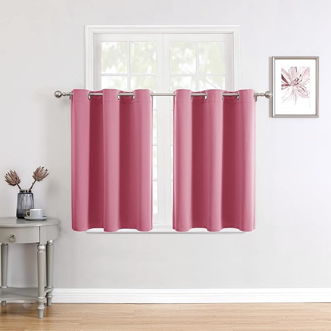 ChrisDowa Small Window Curtains for Kitchen and Bedroom - Grommet Short Thermal Insulated Room Darkening Curtains (2 Panels, Pink, 34 x 36 Inch)