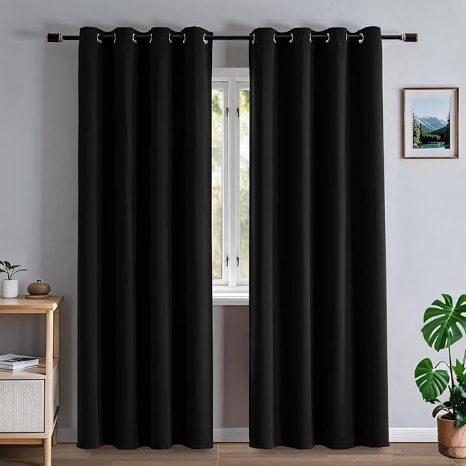Blackout Curtains 90 Inch Length for Bedroom, Thermal Insulated Blackout Curtains 2 Panels Set, Solid Grommet Privacy Room Darkening Drapes for Living Room Windows(W52 x L90, Black)