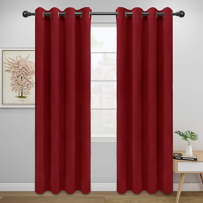 Easy-Going Blackout Curtains for Bedroom, Solid Thermal Insulated Grommet and Noise Reduction Window Drapes, Room Darkening Curtains for Living Room, 2 Panels (52x84 in,Christmas Red)