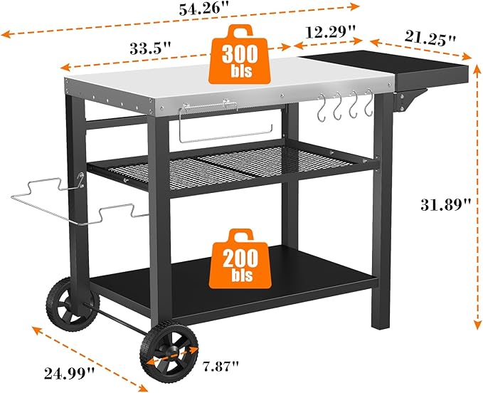 Grill Cart, Outdoor Grill Table, Pizza Oven Stand, Three-Shelf BBQ Table, Movable Dining Cart with Drawer, Fits for Ninja Woodfire Grill, Blackstone Griddle,Tabletop Grill