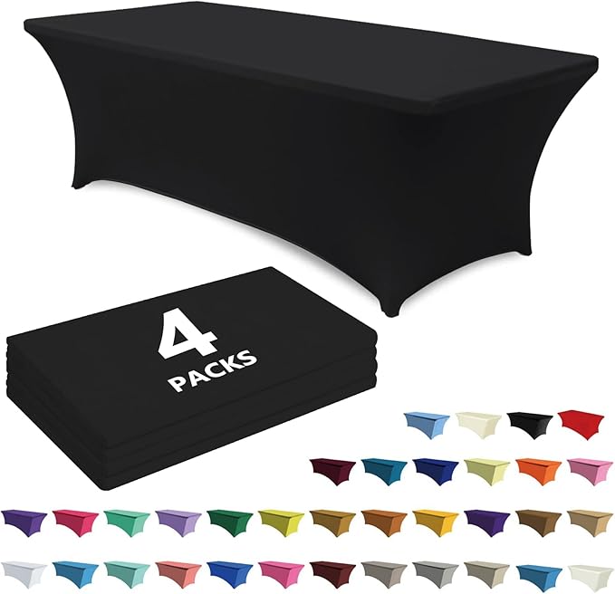 ABCCANOPY 4 Pack 4 FT Black Spandex Table Cover Stretch Fitted Wrinkle Resistant Tablecloth Reuse for Rectangular Folding Table Patry Event Wedding Banquet Protector