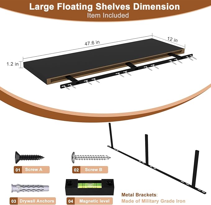 48 Inch Floating Shelf 2 Pack Large Floating Shelves for Wall No Drilling Accessories Included Deep Wall Shelves for Living Room Kitchen Farmhouse 48" W x 12" D x 1.2" Black