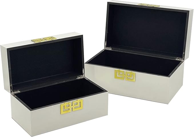Galt International Large & Small Decorative Storage Box w/Hinged Lid - Classic Design Wood Decor Boxes with Geometric Opening Clasp - Home & Office Storage - Set of 2 (White + Gold)