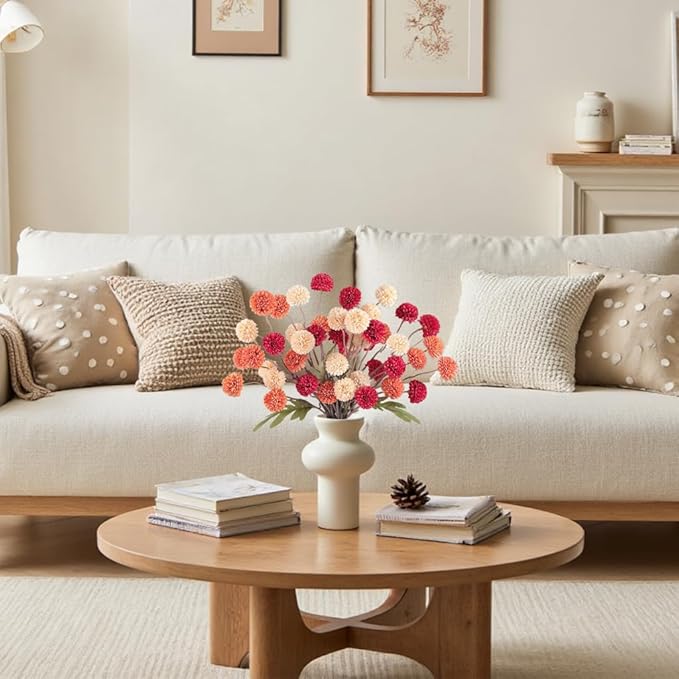 Faux Kiku Flowers Fall 10 Stems & 2 Eucalyptus, Fake Mums Pompon Flower Ball, Autumn Burnt Orange Artificial Chrysanthemums Flowers for Boho Decor, Mini Faux Kiku Flower Wedding Arrangements Decor