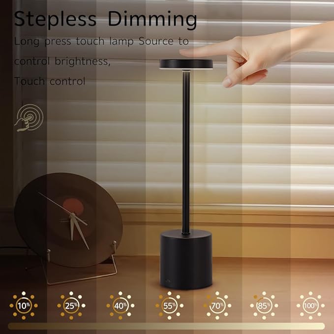 Cordless Table Lamp, 5000mAh Rechargeable Battery Powered LED Desk Lamp, Portable Touch Control Outdoor Table Lamps,3 Color Dimmable Light for Restaurant, Patio, Bedroom, Night Lamp (Black)