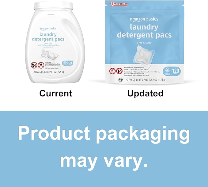 Amazon Basics Laundry Detergent Pods, 120 Pacs for 120 Medium Loads, Free & Clear, (Previously Solimo) (Pack of 2)