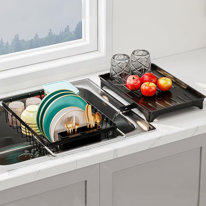 Expandable Dish Drying Rack in Sink, Adjustable Stainless Steel Rustproof Grip Handles Dish Rack Over The Sink, Dish Strainer with Drying Tray & Utensil Holder