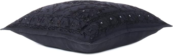 Eyes of India Embroidered Decorative Boho Throw Pillow Cover with Mirrors, Handmade Bohemian Accent Cushion Case for Sofa Couch Bedroom Living Room (Black, 16" x 16")