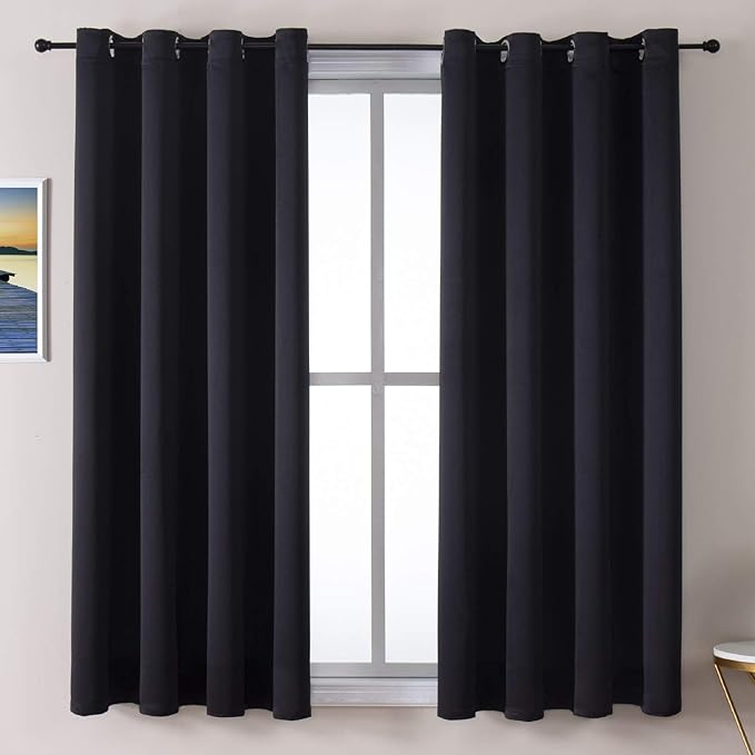 ChrisDowa Grommet Blackout Curtains for Bedroom and Living Room - 2 Panels Set Thermal Insulated Room Darkening Curtains (Black, 52 x 63 Inch)