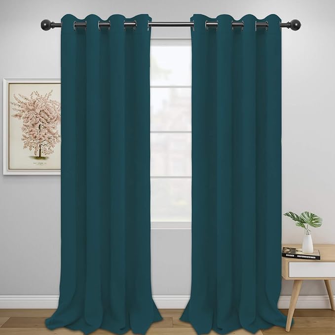 Easy-Going Blackout Curtains for Bedroom, Solid Thermal Insulated Grommet and Noise Reduction Window Drapes, Room Darkening Curtains for Living Room, 2 Panels (52x108 in,Peacock Blue)